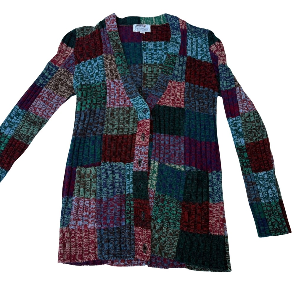 Vintage 80s Patchwork Cardigan Sweater Womens S Grandpa Cottagecore Longline